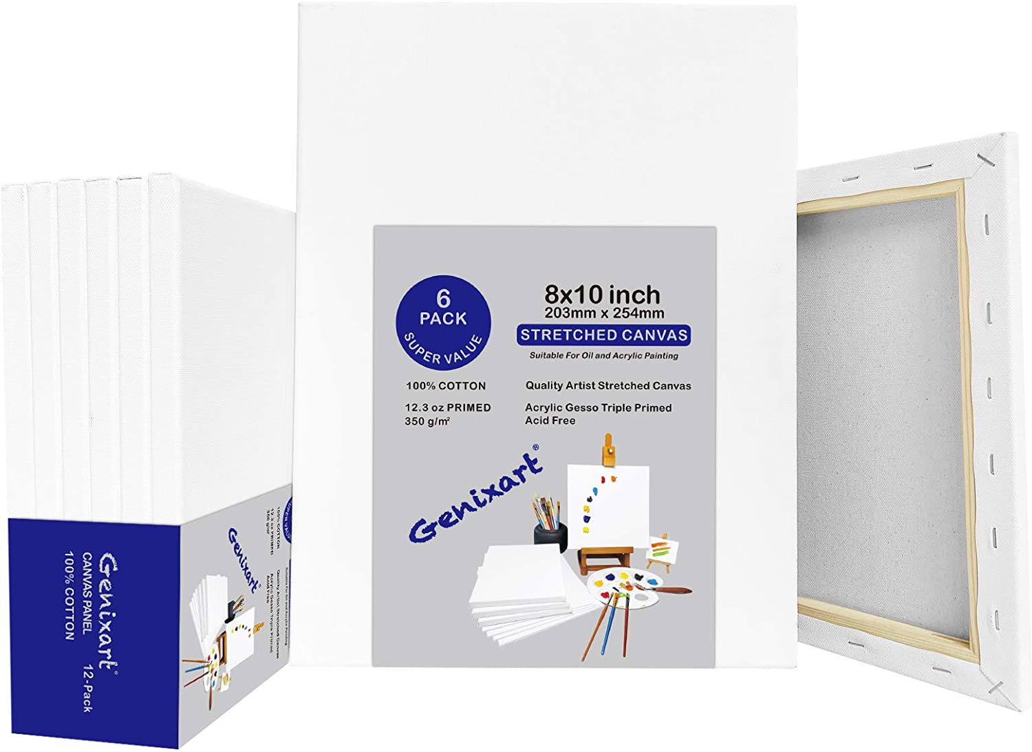 Genixart White Blank Stretched Canvas, Primed Professional Artist Canvases for Acrylics & Oils Painting (28X36Cm / 11" X 14" (6Pack))