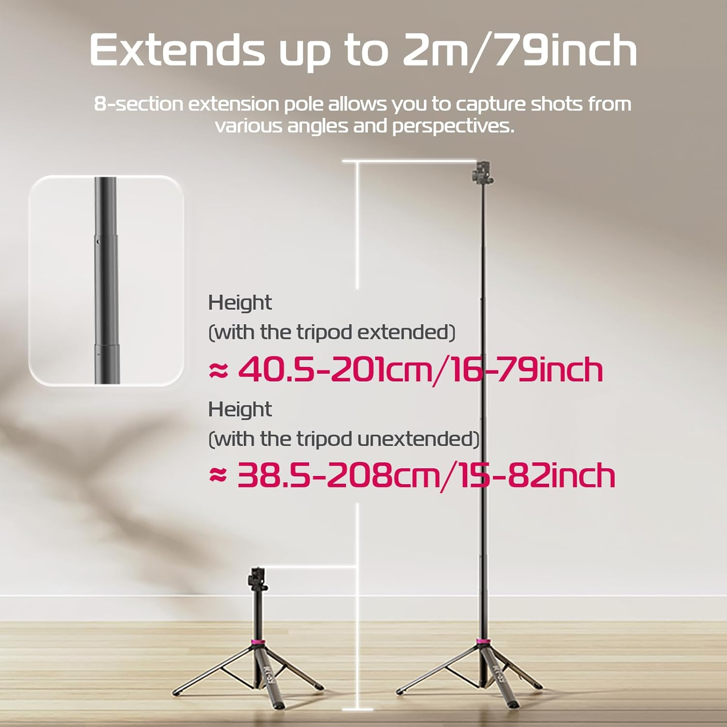 ULANZI MT-89 Extendable Tripod Aluminum, 208 Cm/82" Adjustable Light Stand with 1/4" Screw Quick Release, 360&deg; Ball Head Camera Phone Tripod for Camera Video Light Smartphone, Lightweight for Travel image number 5