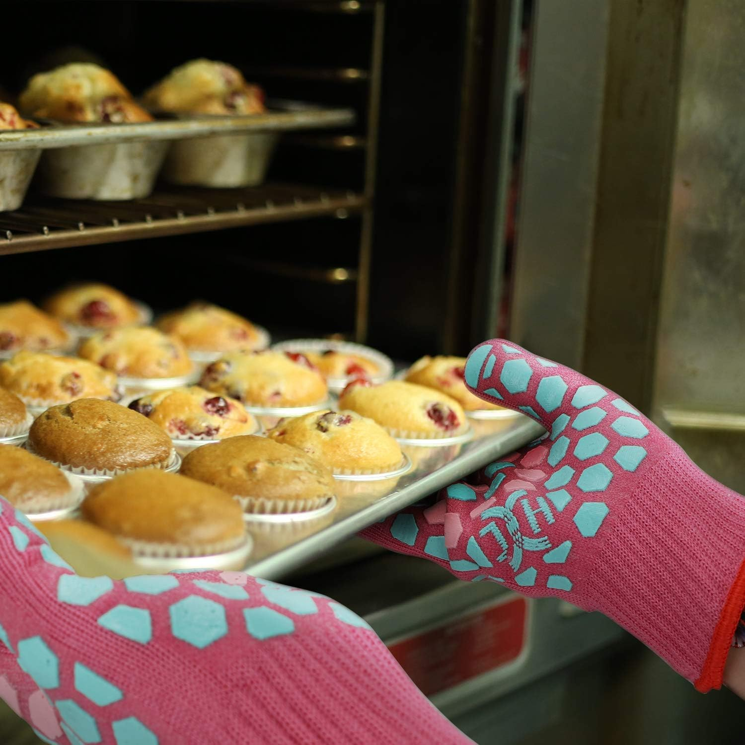 J H Heat Resistant Oven Mitts: EN407 Certified 932 &deg;F, 2 Layers Silicone Coating, BBQ & Oven Gloves for Cooking, Kitchen, Fireplace, Grilling (Women Fits All, Coral Shell with Turquoise/Pink Coating) image number 1