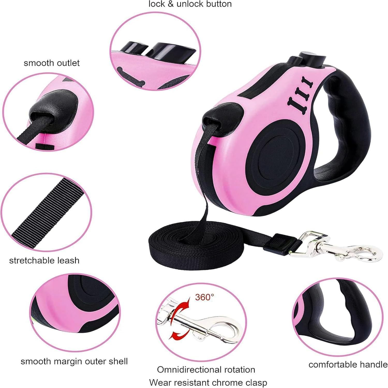 Babyhomder Pink Retractable Dog Leash Heavy Duty 16Ft Retracting Pet Leash with Dog Waste Bag Dispenser + Dog Bowl (Pink) image number 1