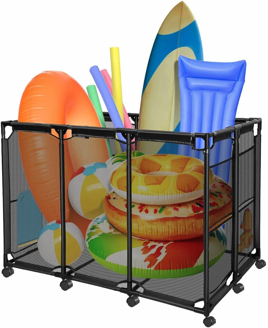 GENKI Pool Storage Bin Cart Poolside Toys Box Floats Noodles Container Organizer Outdoor Portable Rolling Wheels Mesh Basket Swimming Equipment Balls Holder image number 4