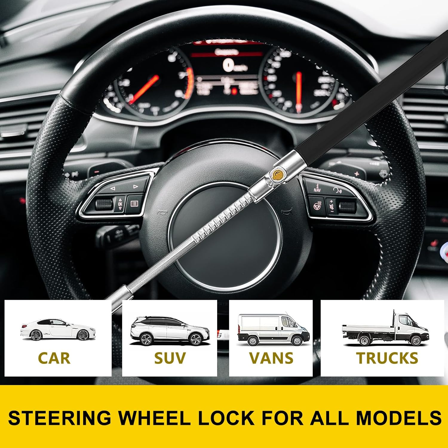 Steering Wheel Lock,Wheel Lock,Universal Retractable Car Steering Wheel Lock,Vehicle with Adjustable Anti-Theft Protection with Bonus Safety Hammer - Suitable for All Car Types