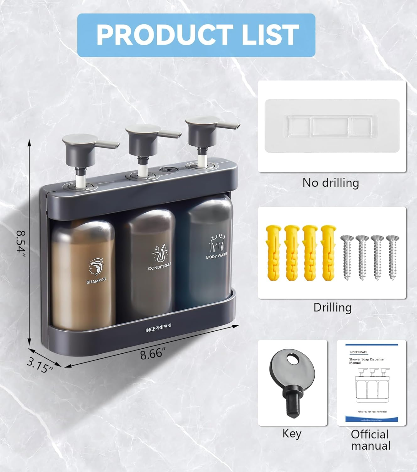 Shampoo Dispense for Shower, Shower Soap Dispenser Wall Mounted, Shower Dispenser 3 Chamber No Drill, Shampoo and Conditioner Dispenser for Bathroom Hotel, Shower Shampoo Dispenser 3 Chamber, Black - White image number 2