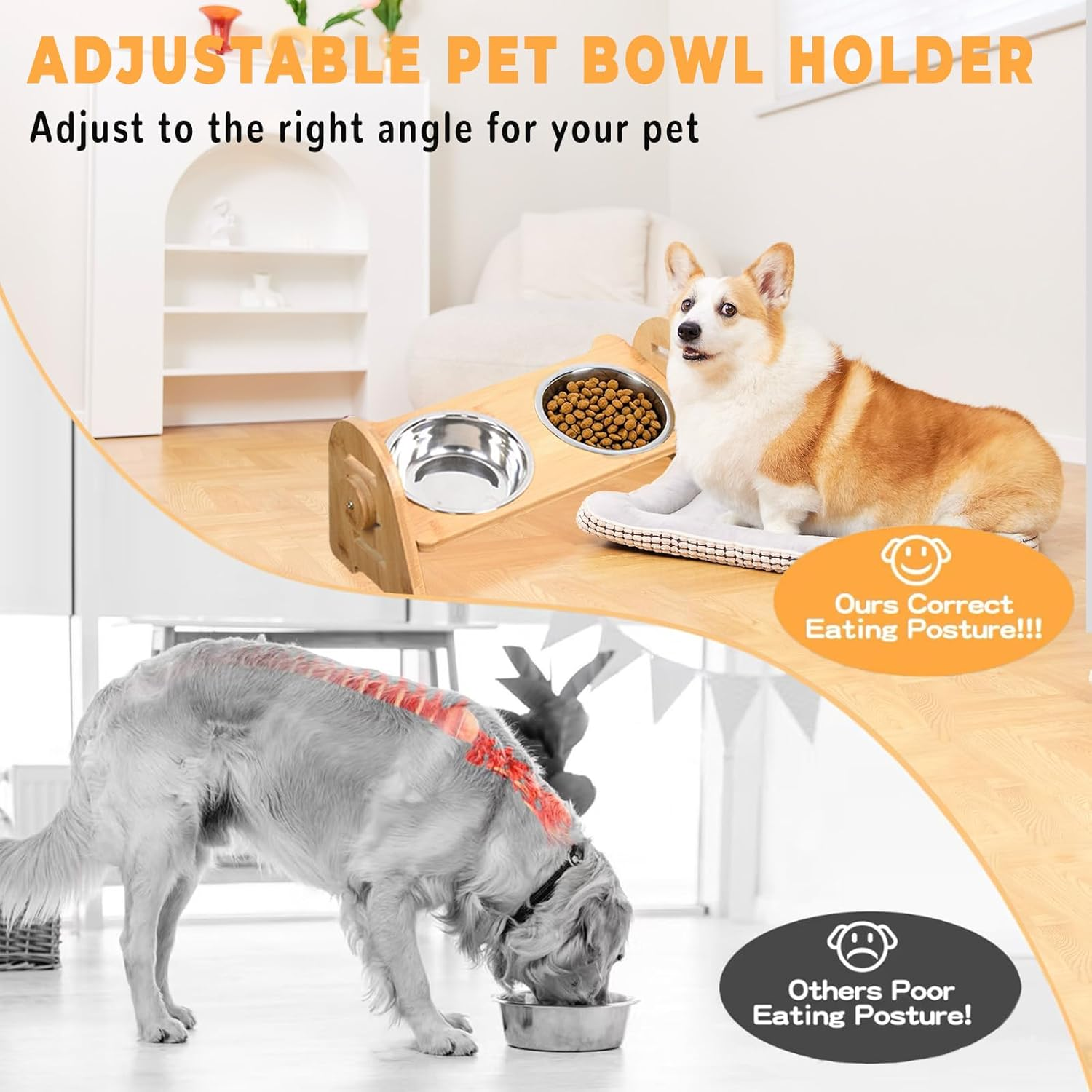 Silverchry Elevated Dog Feeder with Stand, Raised Cat Feeder 2 Stainless Steel Bowls, 4 Adjustable Heights, Bamboo Feeder for Cats, Puppies and Small Dogs image number 4