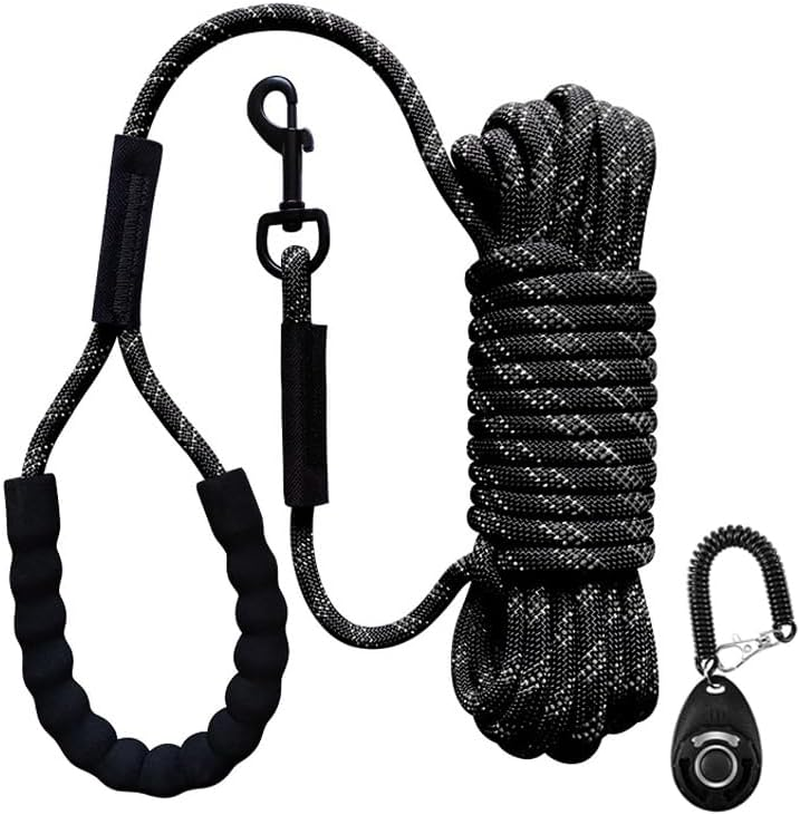 UPET Dog Training Leash 5M 10M 15M（15Ft 30Ft 50Ft ） Reflective Extra Long Line Leashes outside Puppy Camping Safety Back-Yard Rope Dogs Lead for Small Medium Large with Training Clicker（15M Black）