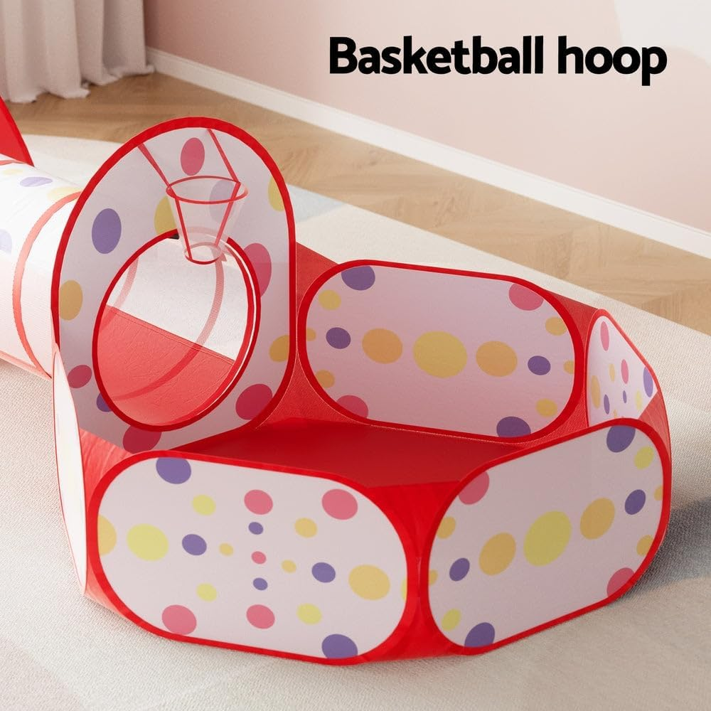 KEEZI Kids Playhouse Play Tent Pop up Teepee Ball Pit Tunnel Basketball Hoop Red image number 1