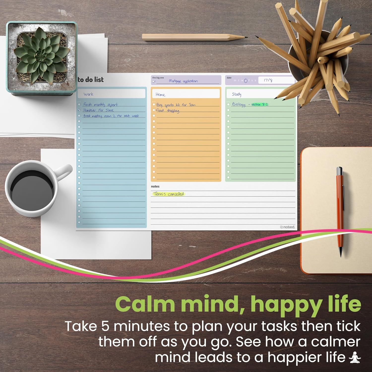 Noted A4 to Do List Pad &ndash; 52 Sheet Daily Todo Planner &ndash; 3 Section Undated Desk Organiser by &ndash; 29X21Cm - for Work Tasks, Study Revision and Home Planning &ndash; Colourful 100Gsm Paper image number 1