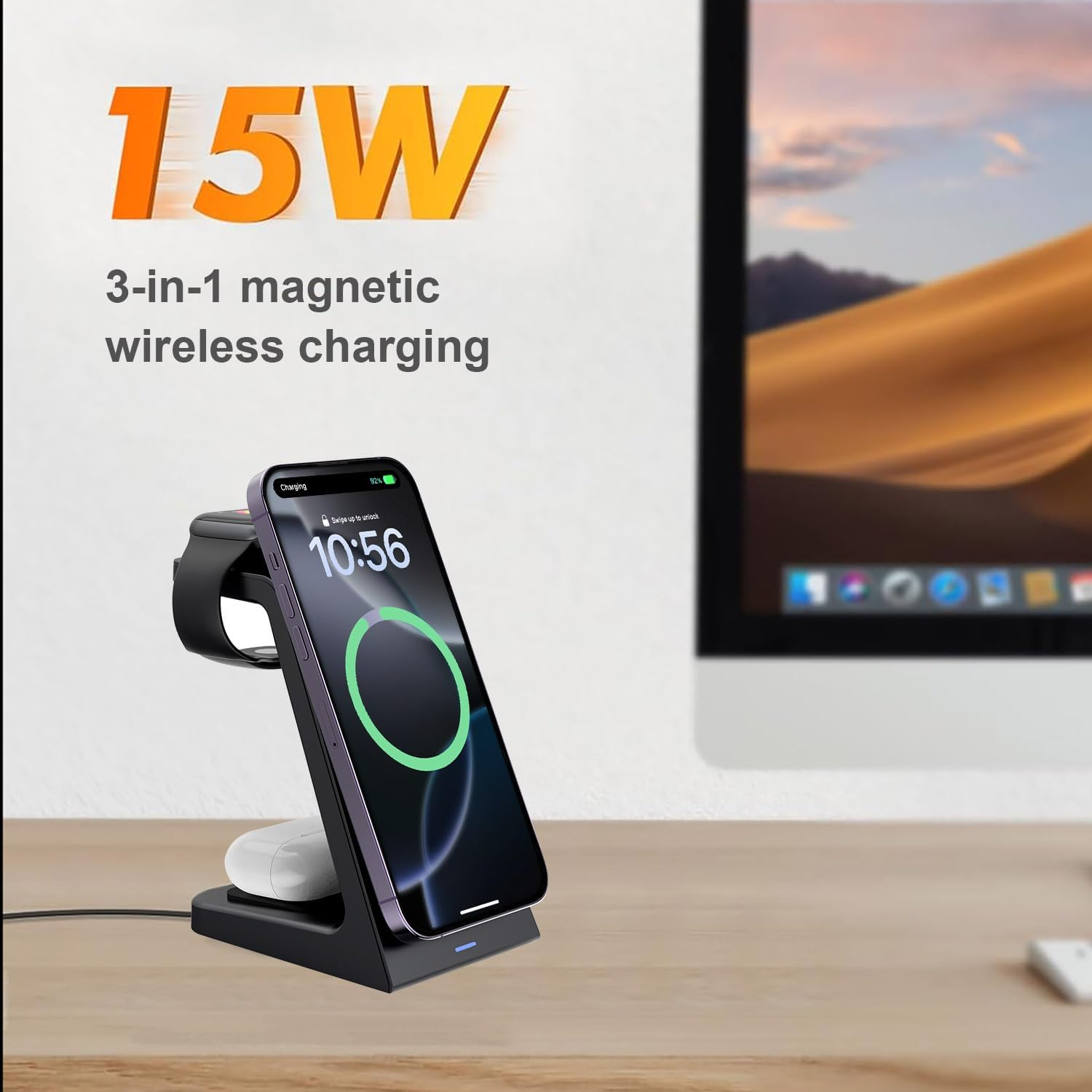 VNBBT 3 in 1 Wireless Charging Station for Mag-Safe, 15W Fast Magnetic Wireless Charger Stand for Iphone 17 Pro Max/17 Air/17/16 Plus/15/14/13/12 Mini,Air Pods,Apple Watch Series, Black image number 5