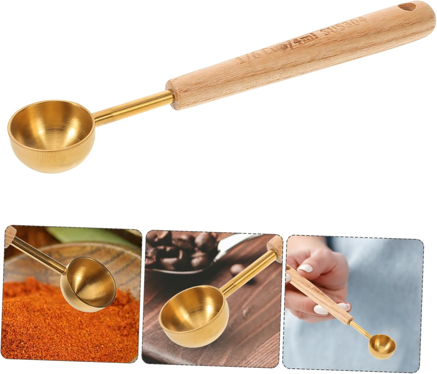 LOPUNER Coffee Measuring Scoop with Wood Handle, 4Ml Milk Powder Teaspoon, Gold Matte Stainless Steel Baking Spoon for Kitchen and Coffee Use image number 1