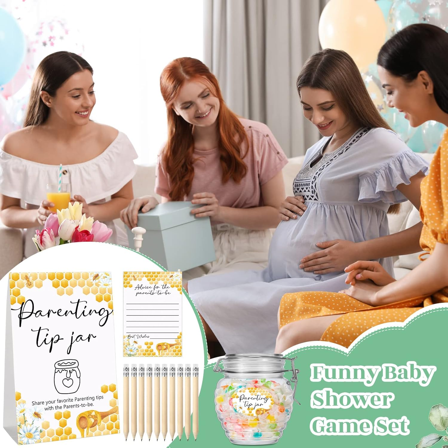 Roowest Baby Shower to Baby Advice Cards for New Parents to Be - Tip Jar Sign for New Parents 60 Parenting Advice Cards 10 HB Pencils 2 Cute Stickers 1 Pet Bottle for Guests Games(Honey)