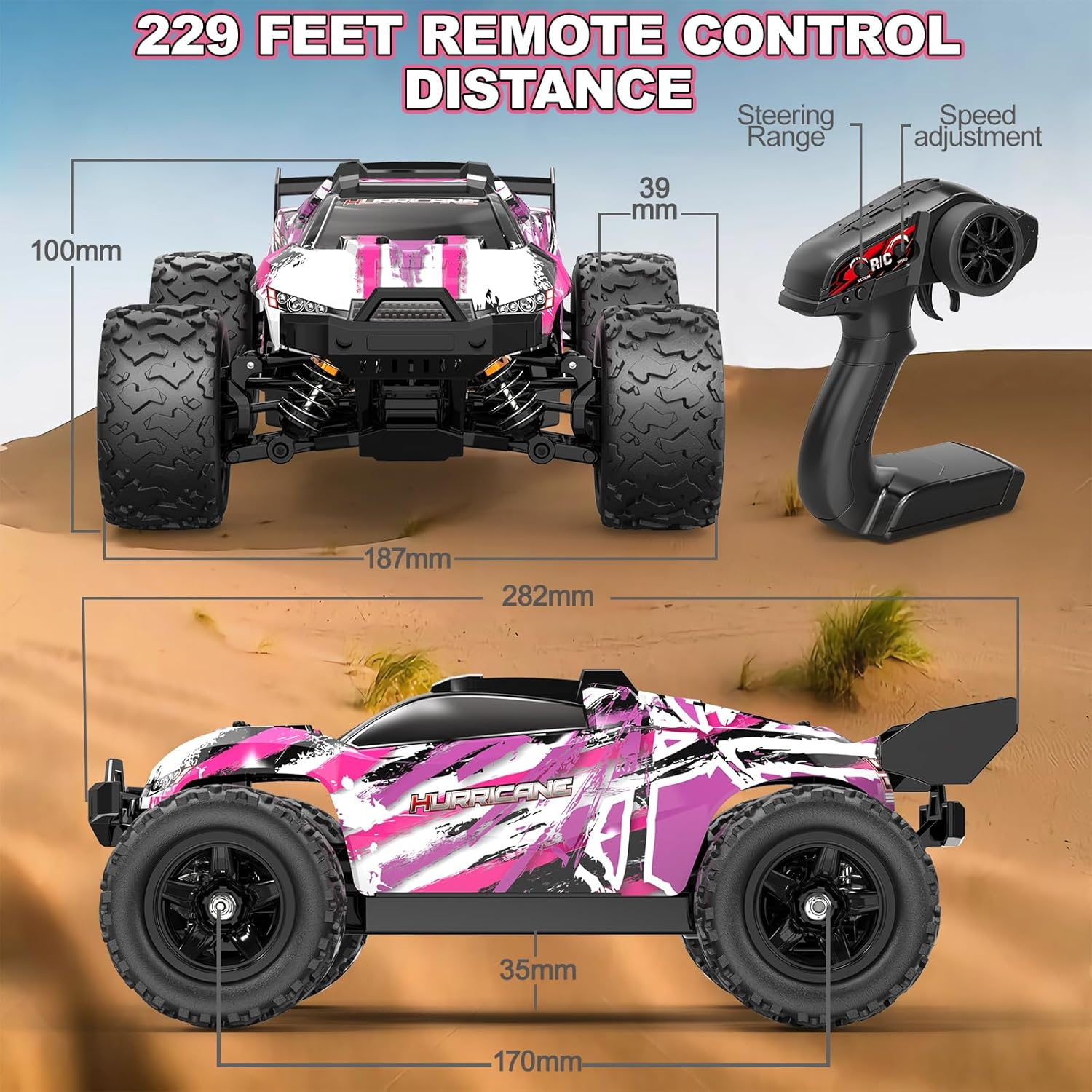 Pink Remote Control Car for Girls, 1:18 Fast Rc Cars for Girls with 40+ KM/H 4WD Off-Road Rc Truck, Includes 2 Rechargeable Batteries, 8 9 10 11 12 13 Year Old Girl Gifts image number 4