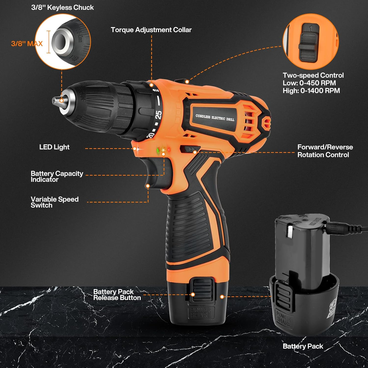 SHAVINGFUN Cordless Drill Driver,Electric Screwdriver Set with 2 Batteries 2.0Ah, 25+3 Torque, 24PCS Drill Bits, 2 Speed, LED Light for DIY Project - 45N.M Max Electric Screwdriver Drill Kit image number 4
