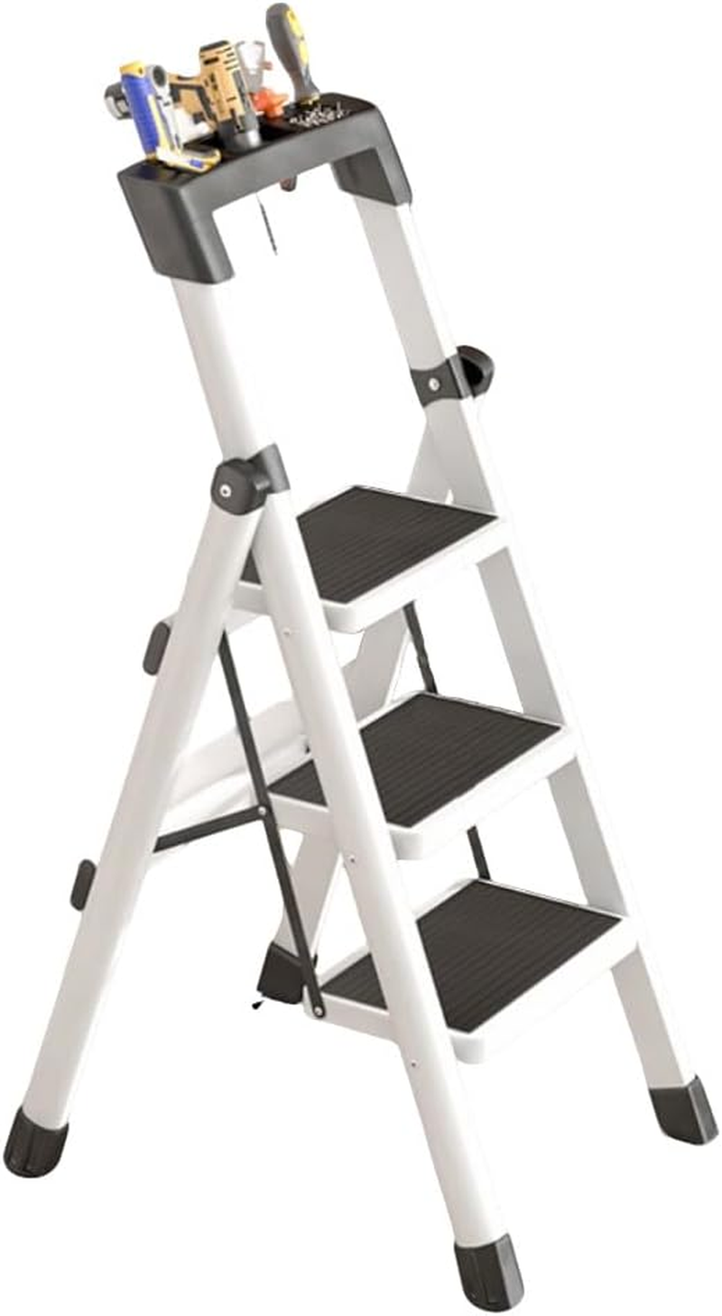 Leona Co 3-Step Folding Ladder - 4 in 1 Multi-Purpose Metal Step Ladder for Indoor & Outdoor Use - Herringbone Design, Portable Telescoping Climbing Ladder with Safety Lock image number 4