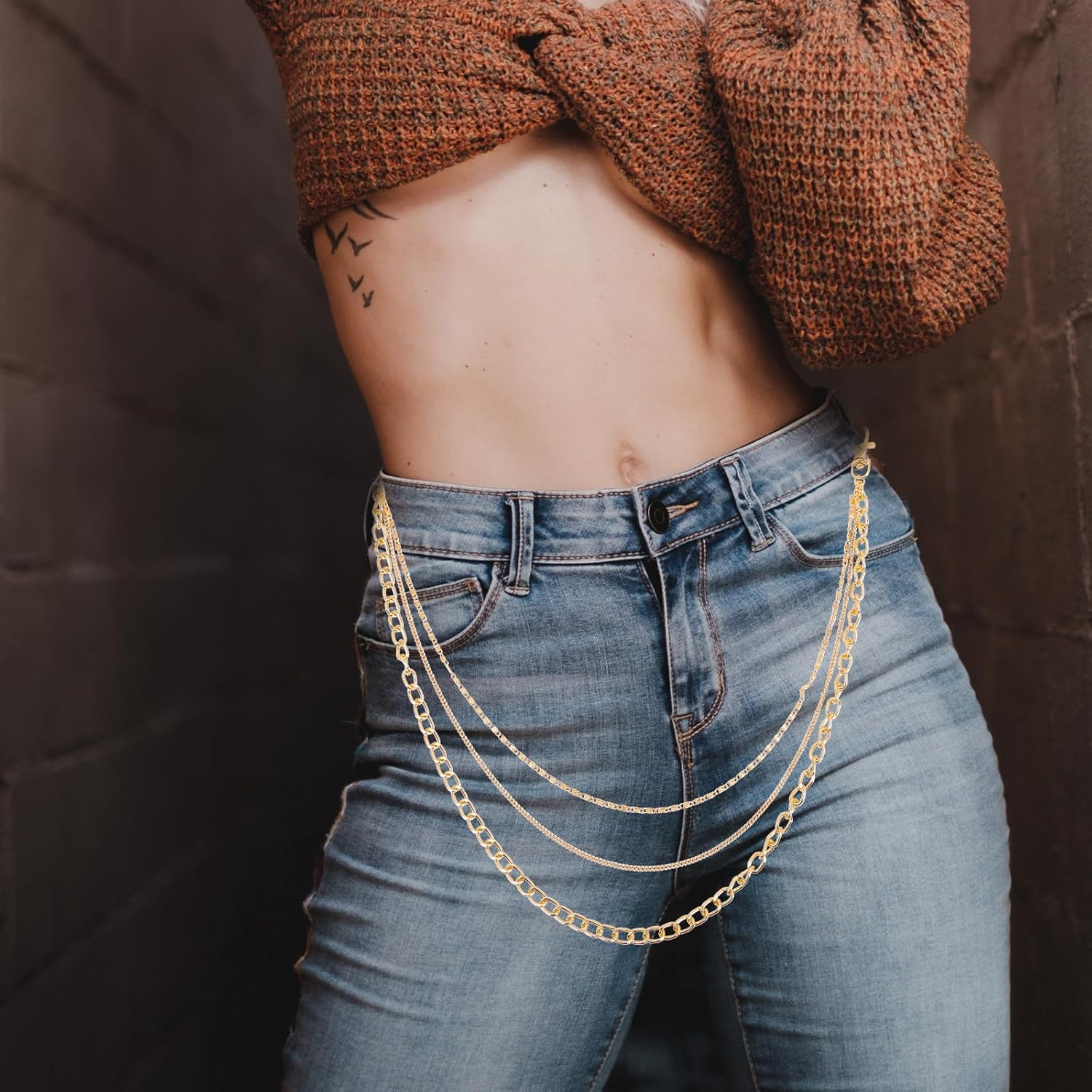 Outanaya 2Pcs Unisex Metal Pants Chain Gold Color Punk Style Wear-Resistant Hanging Chain Decorative Jeans Accessory for Men and Women Casual Pants image number 1