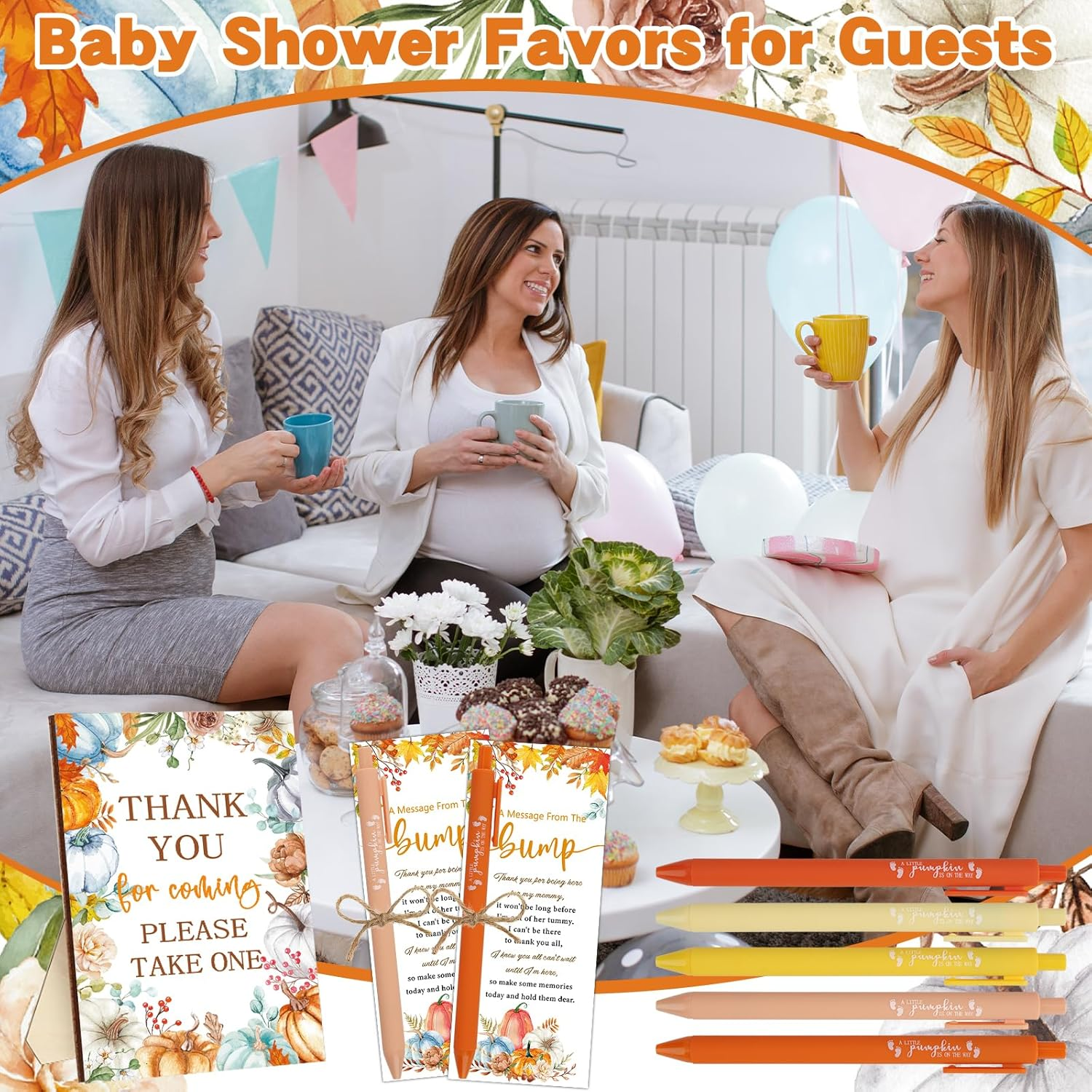 50 Sets Little Pumpkin Baby Shower Favors Baby Shower Pens Gifts Bulk Fall Pumpkin Theme Sign 50 Ballpoint Pens 50 Thank You Cards with Twine for Gender Reveal Party Souvenirs Return Gifts Prizes image number 5
