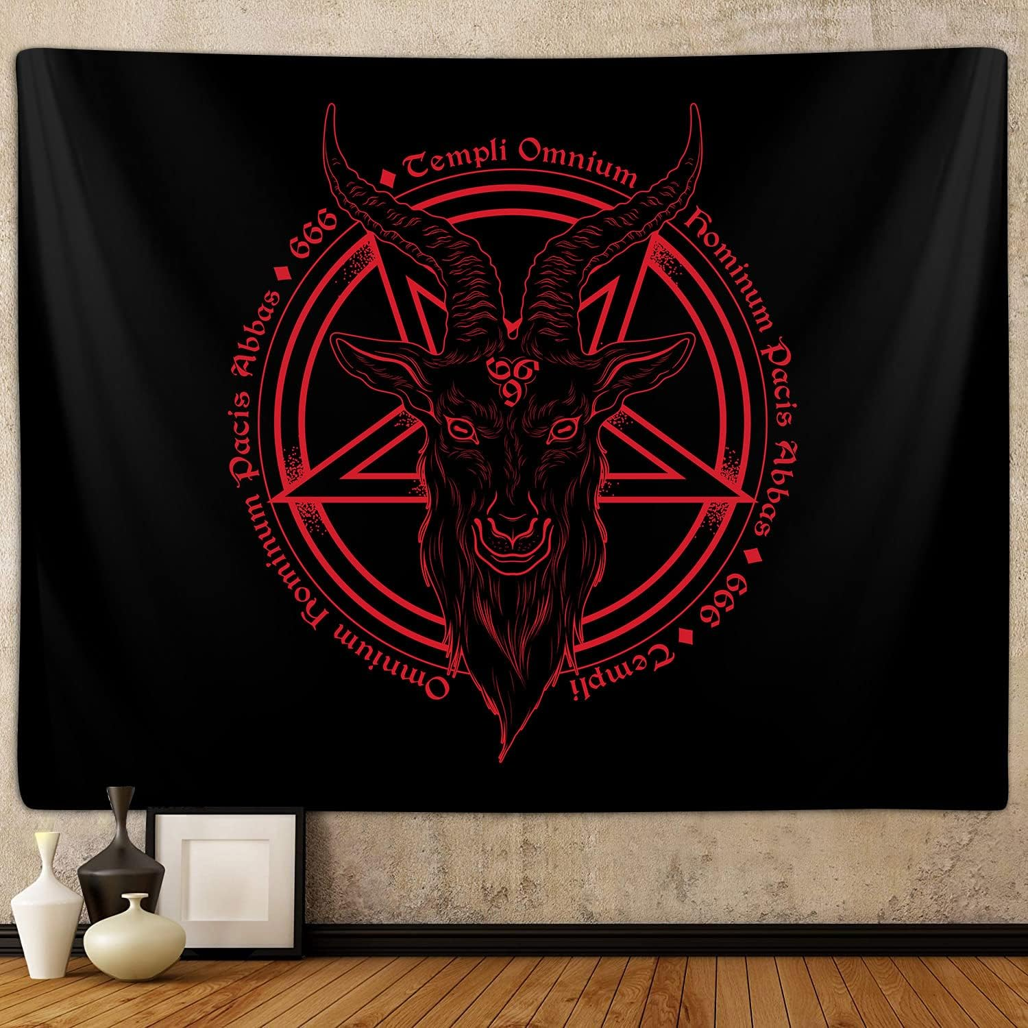 Satanic Pentagram Tapestry for Bedroom, Baphomet Statue Art Goat Head Skull Pagan Tapestries Wall Hanging for College Dorm Living Room Men Decor 60"X40", Black and White Gothic Demon Poster