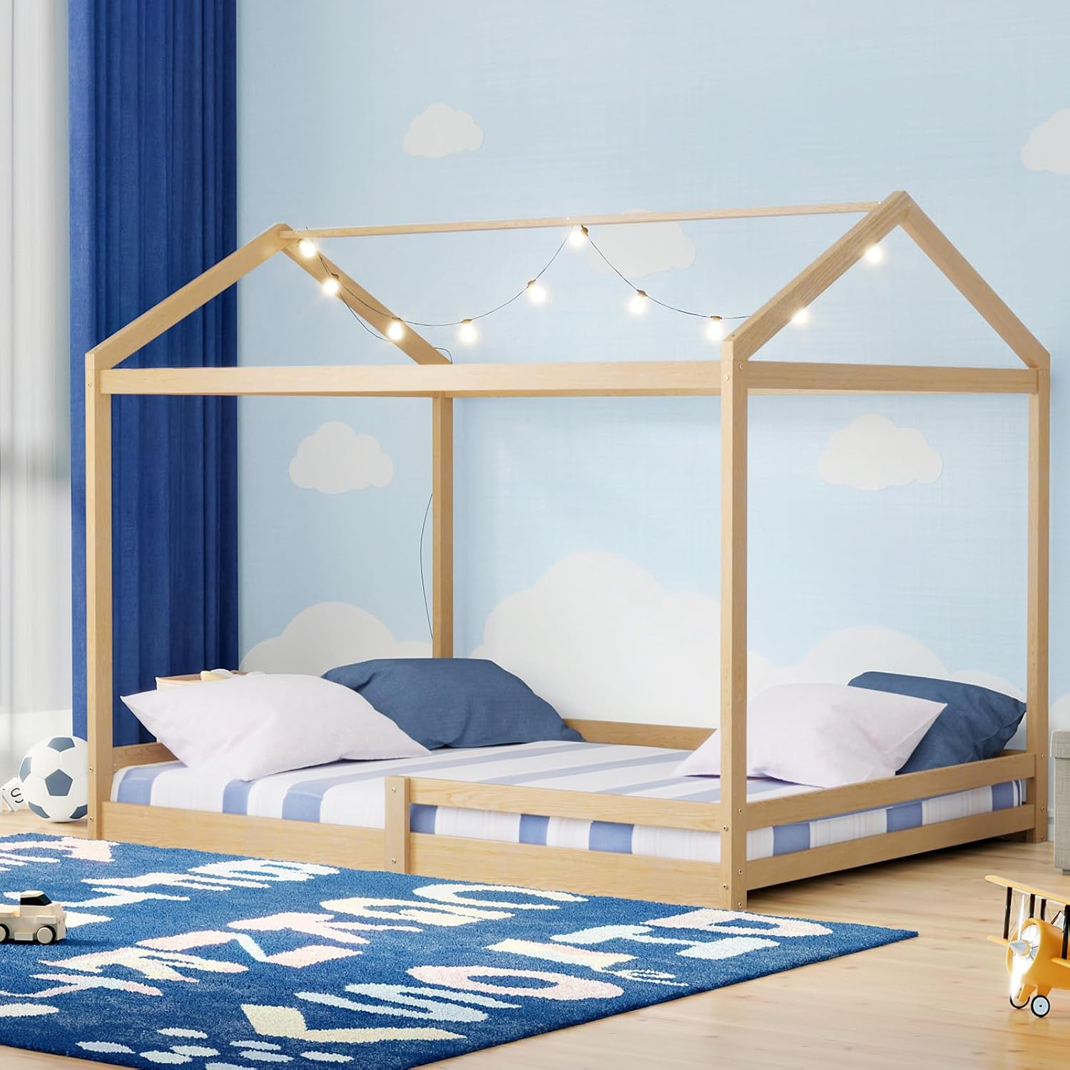 Oikiture Kids Wooden Bed Frame, Single Bed Frame with Pine Wood Timber Platform Bed Slat Support for Toddler, White