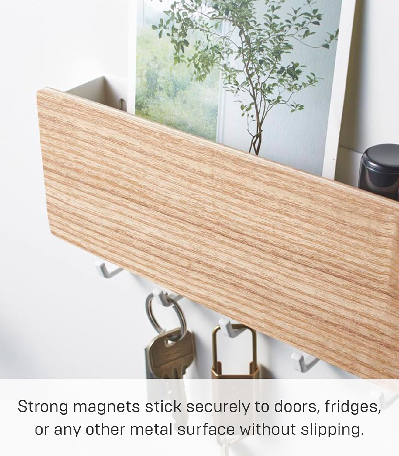 Yamazaki Home Magnetic Wall Organizer - Key Hooks & Tray for Storage Steel + Wood One Size Ash