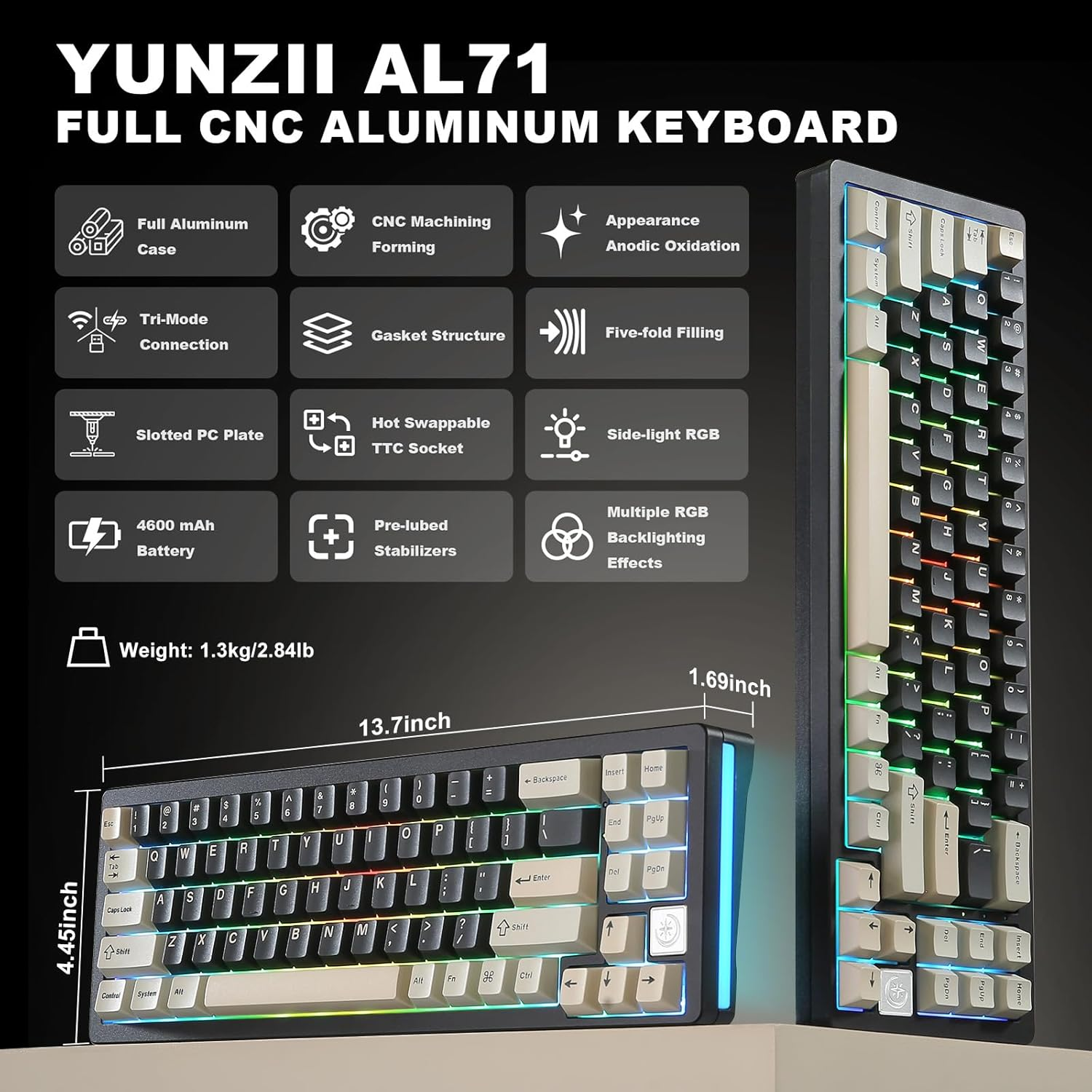 YUNZII AL71 75% Mechanical Keyboard, Full Aluminum CNC, Hot Swappable Gasket, 2.4Ghz Wireless BT5.0/USB-C Wired Gaming Keyboard,Nkro Programmable RGB Backlight,For Win/Mac(Black,Crystal White Switch) - Black image number 6