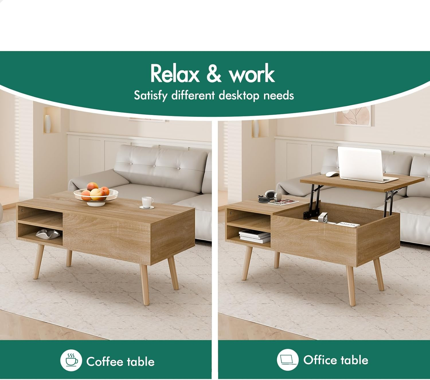 ALFORDSON Lift Top Coffee Table with Hidden Compartment and Side Open Shelves, Rising Tabletop Dining Table for Living Room Office Reception, Convertible Center Table, Wood image number 4