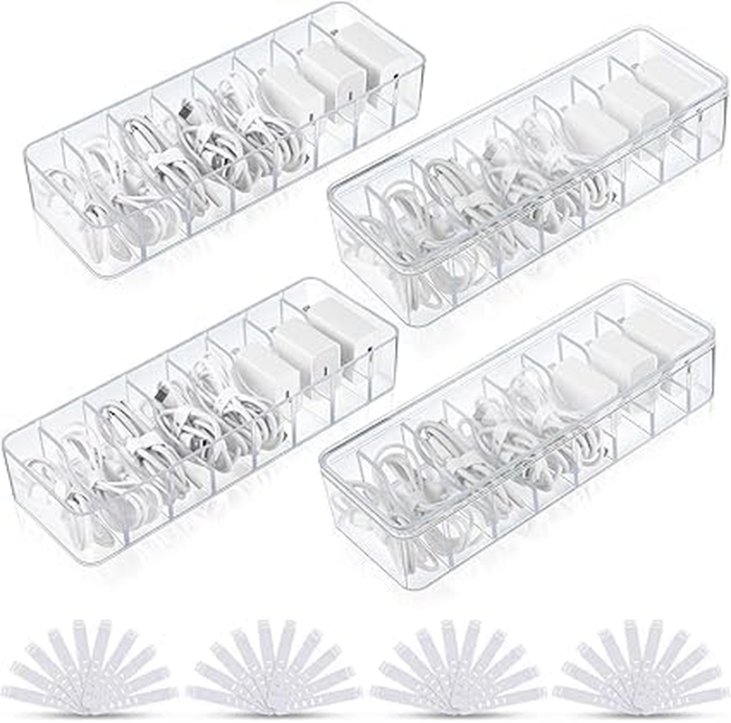 4 Pcs Clear Plastic Charger Cord Organizer Box, Cable Management Box with 40 Wire Clips, Electronics Organizer for Home Office Desktop Accessories （With One Lid） image number 5