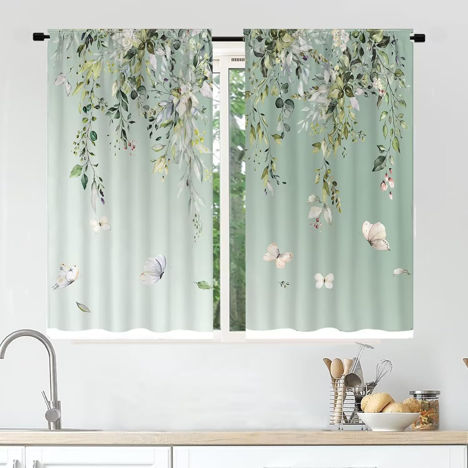 Floral Rustic Kitchen Curtains - Farmhouse Botanical Tier Drapes Kitchen Window Curtains 39 Inch X 27.5 Inch, Colorful Leaves Rod Pocket, 2 Panels Set (Cafe/Country Decor) image number 2