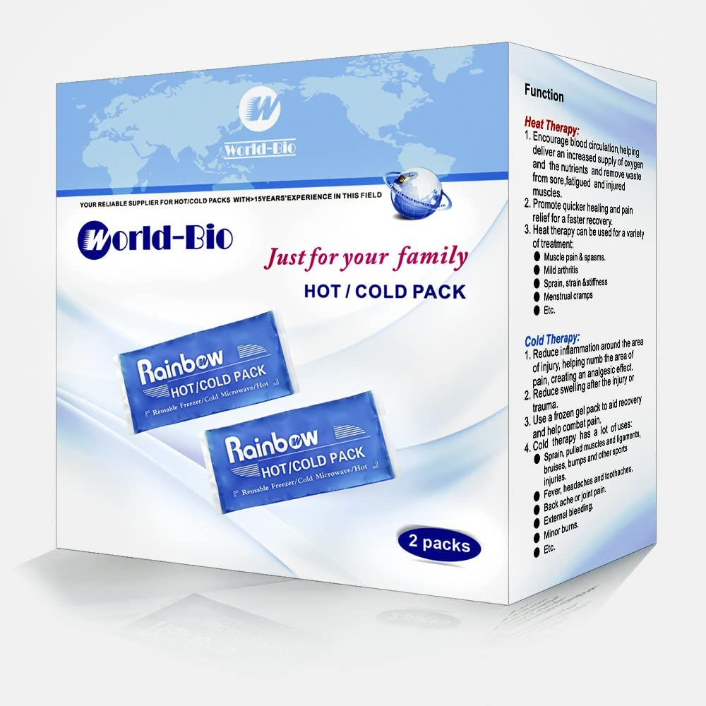 WORLD-BIO Flexible Ice Pack for Sports Injuries, Reusable Hot Cold Therapy Compression, Great for Migraine Headache, Stiff Neck, Arthritis Wrist, Knee Joint Strains, Ankle Sprains, 2 Packs - 4.3" X 9.8" image number 1