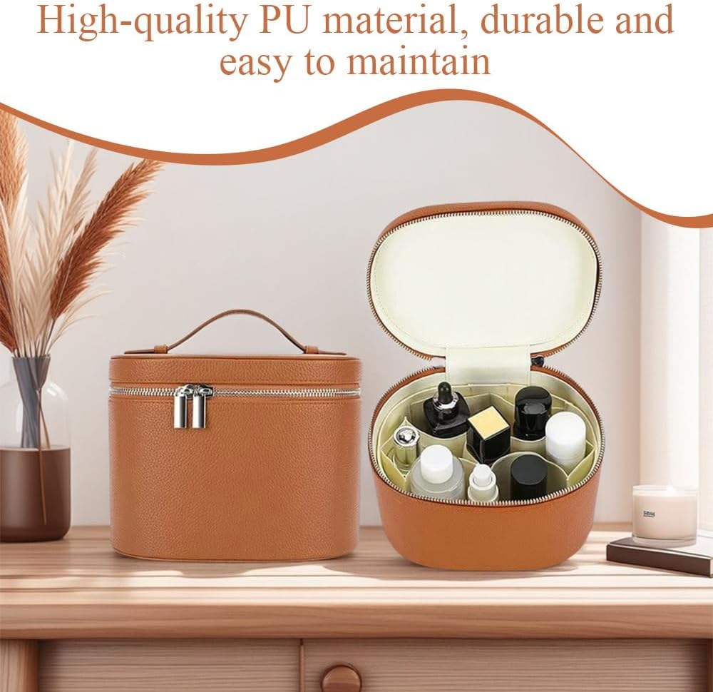 Makeup Bag with Handles, Premium round Leather Travel Cosmetic Organizer, Multi-Compartment Makeup Pouch for Women Girls (Khaki) image number 4