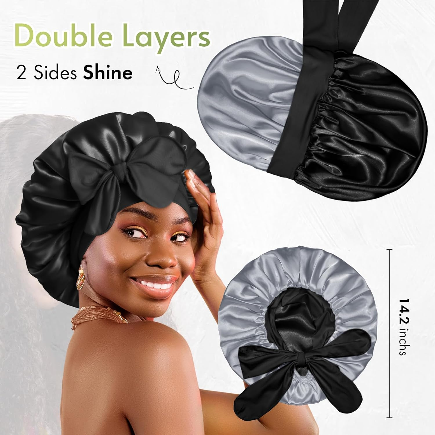 Bonnet Queen Silk Bonnet Satin Bonnet for Sleeping Women Double Layer Reversable Satin Sleeping Hair Cap Silk Bonnet with Wide Tie Band for Curly Hair, Medium Black+Silver image number 3