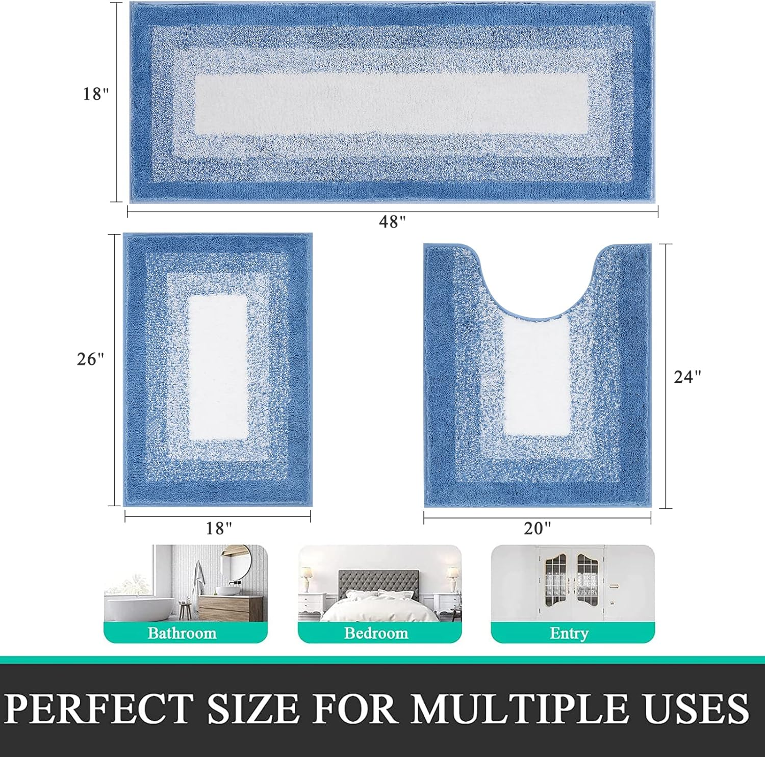 Bsmathom Bathroom Rug Set 3 Piece, Non-Slip Plush Shaggy Bath Mat, Soft and Absorbent Microfiber Bath Rugs for Bathroom, Tub and Shower Machine Washable,Blue image number 5