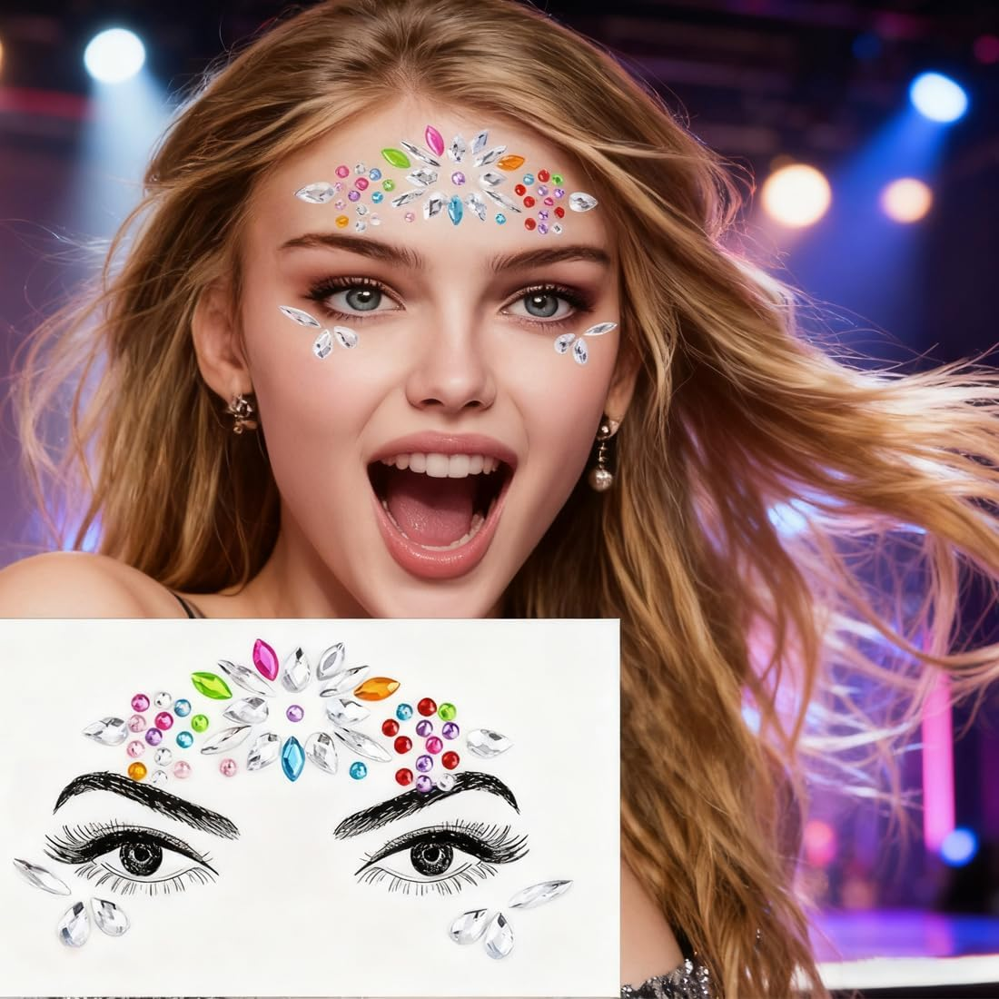 ZORVYN 4 Pieces Face Rhinestones Rhinestone Stickers Face Rhinestones for Music Carnival Party Makeup image number 5