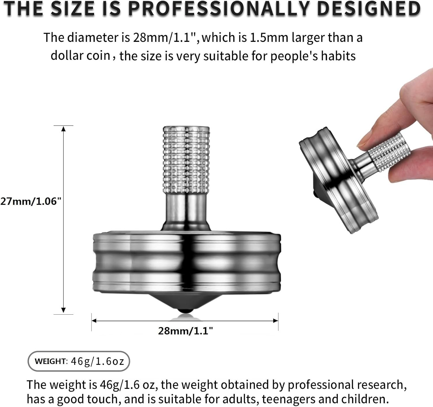 Premium Stainless Steel Spinning Top, Great CNC Machined Made, Perfectly Balanced, Spin Long Time, Easy to Twirl, Time Killer, Kinetic Desktop EDC Fidget Toys (M, Silver) image number 6