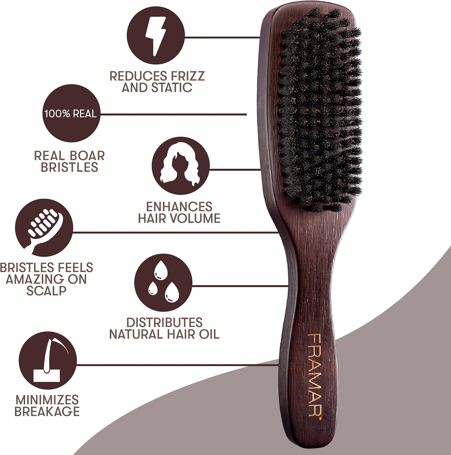 FRAMAR Slick Back Hair Brush Boar Bristles &ndash; Slick Back Brush, Smoothing Hair Brush for Women, Boar Bristle Hair Brush for Fine Hair, Slickback Brush for Volume and Shine - Brown Velvet image number 4