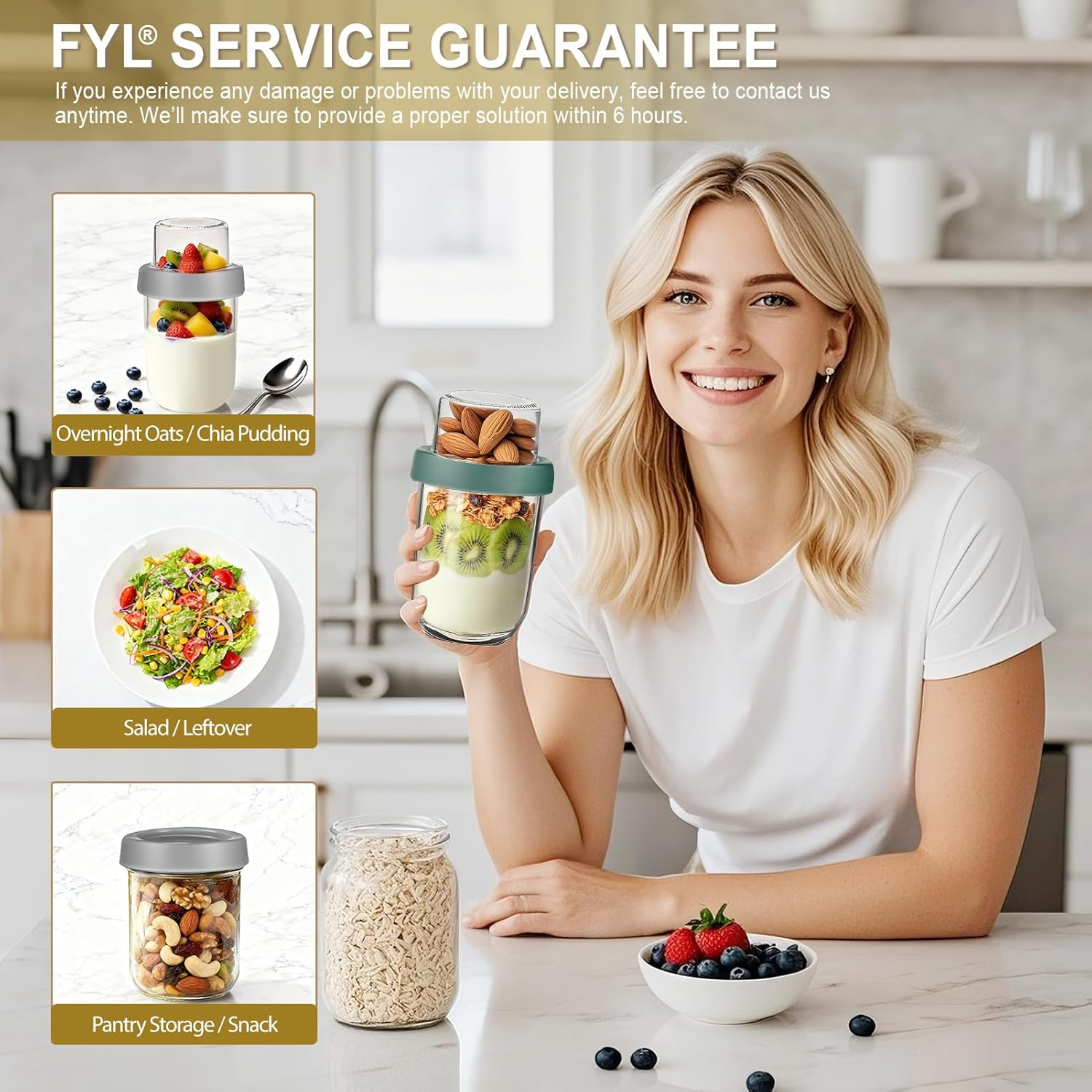 FYL Overnight Oats Container Jar, Dishwasher Safe Dual-Laryer Thickened Glass Meal Prep Containers with Lid Leakproof Jar for Breakfast Chia Pudding Salad Cereal Yogurt 4 Pack image number 3