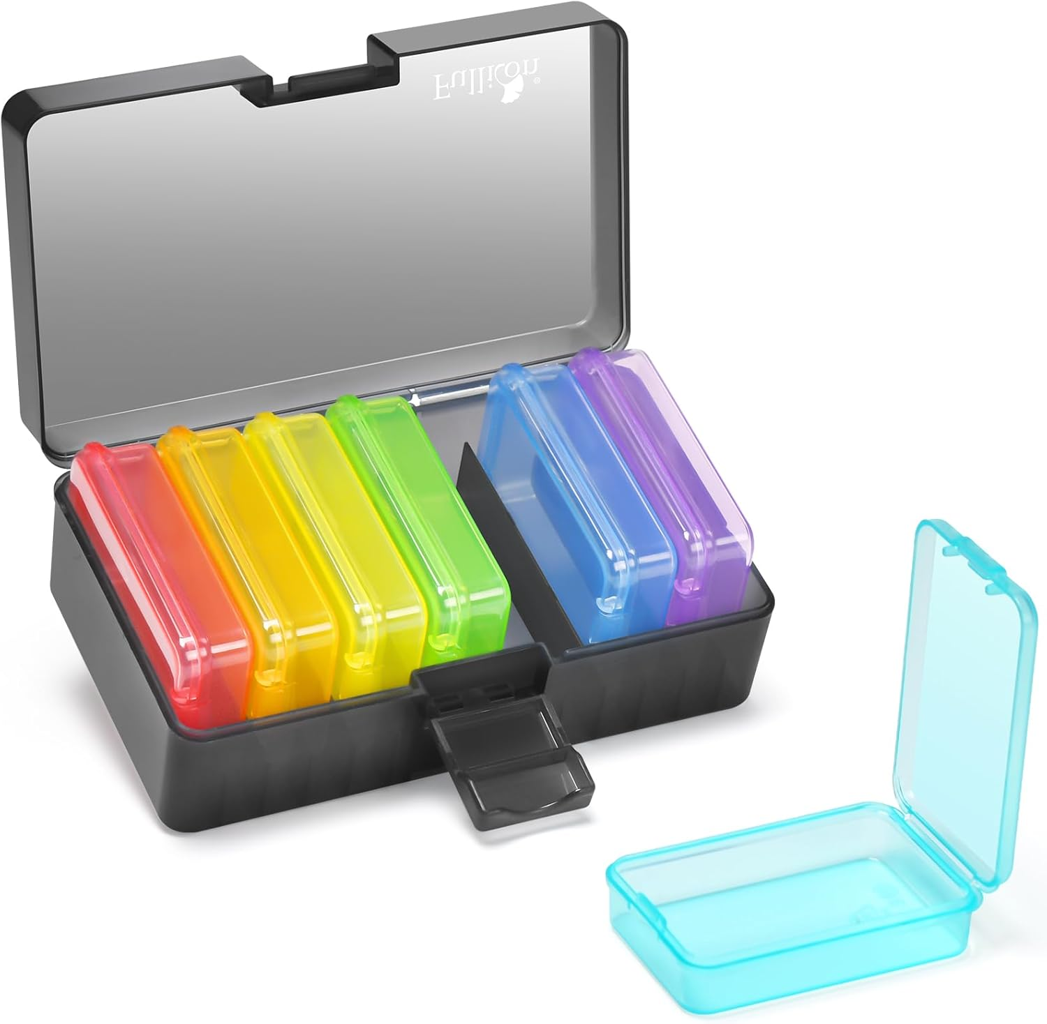 Fullicon Small Pill Case for Purse, Travel Medicine Pill Organizer, Weekly 7 Day Daily Pill Box, Pocket Pharmacy Pill Container Dispenser Holder with Labels (Black Rainbow)