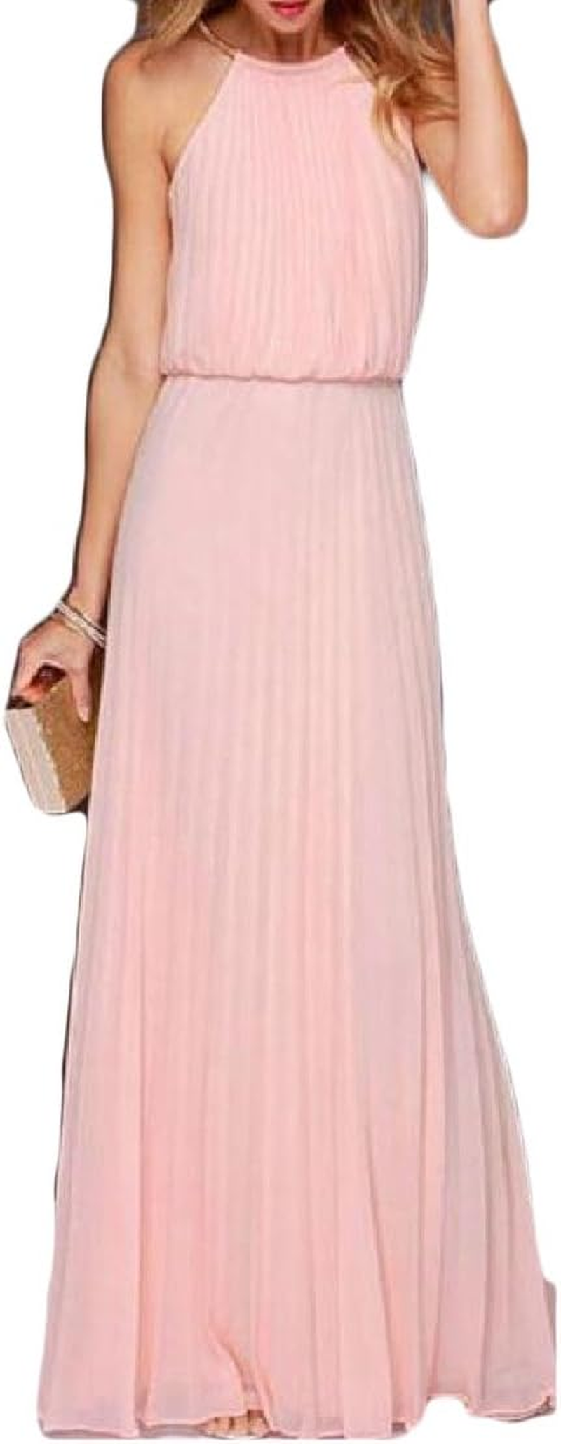 YUNY Women Solid Sleeveless Halter Smocked Waist Chiffon Evening Dresses image number 1
