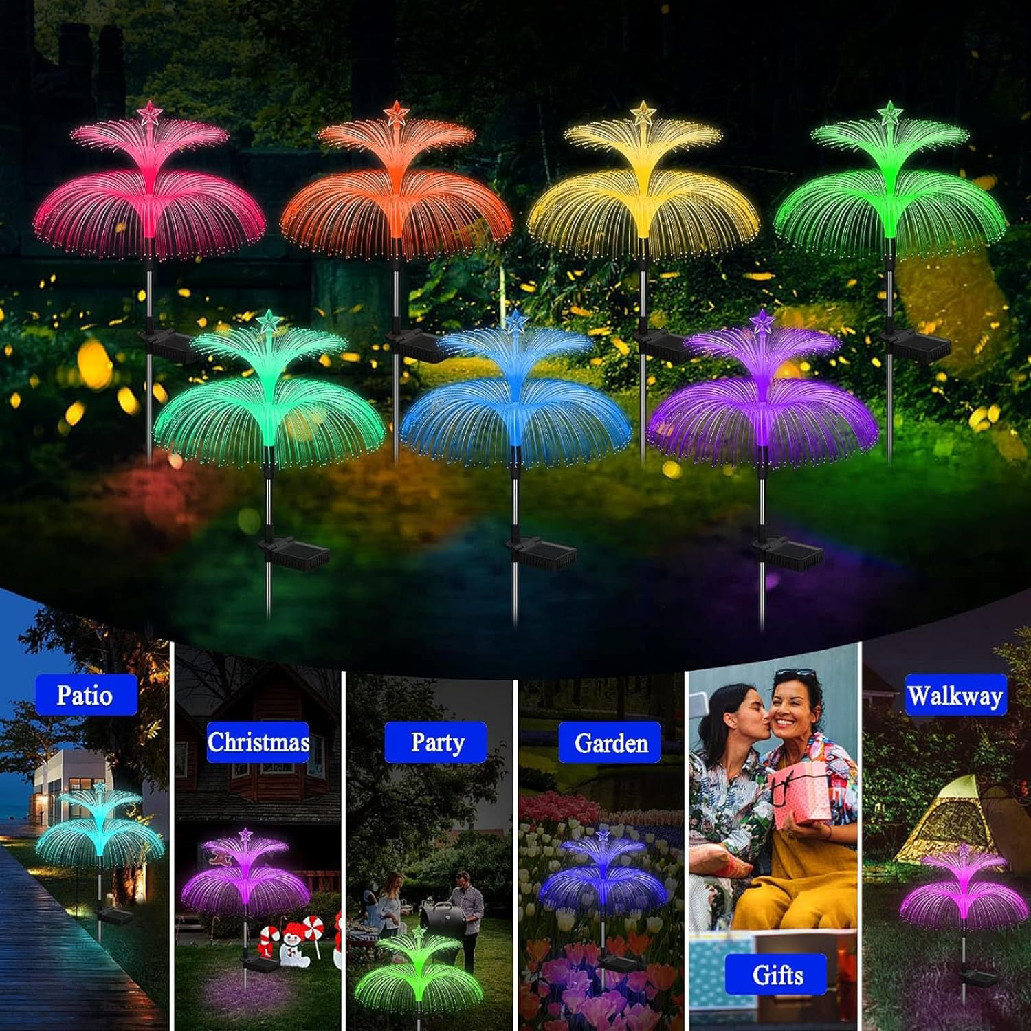 Solar Garden Lights 3 Pack Outdoor Lights 7 Color Changing Double Jellyfish and Star Solar Flower Lights for Yard Decor,Outdoor Pool Decor image number 4