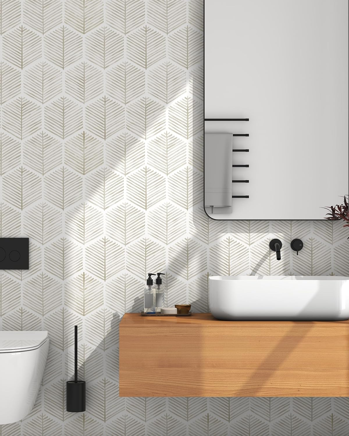 Modern Peel and Stick Wallpaper 17.3''&times;393'' Self Adhesive Boho Geometric Beige and White Removable Decorative Wallpaper for Bedroom Bathroom Cabinets Decor Vinyl image number 2