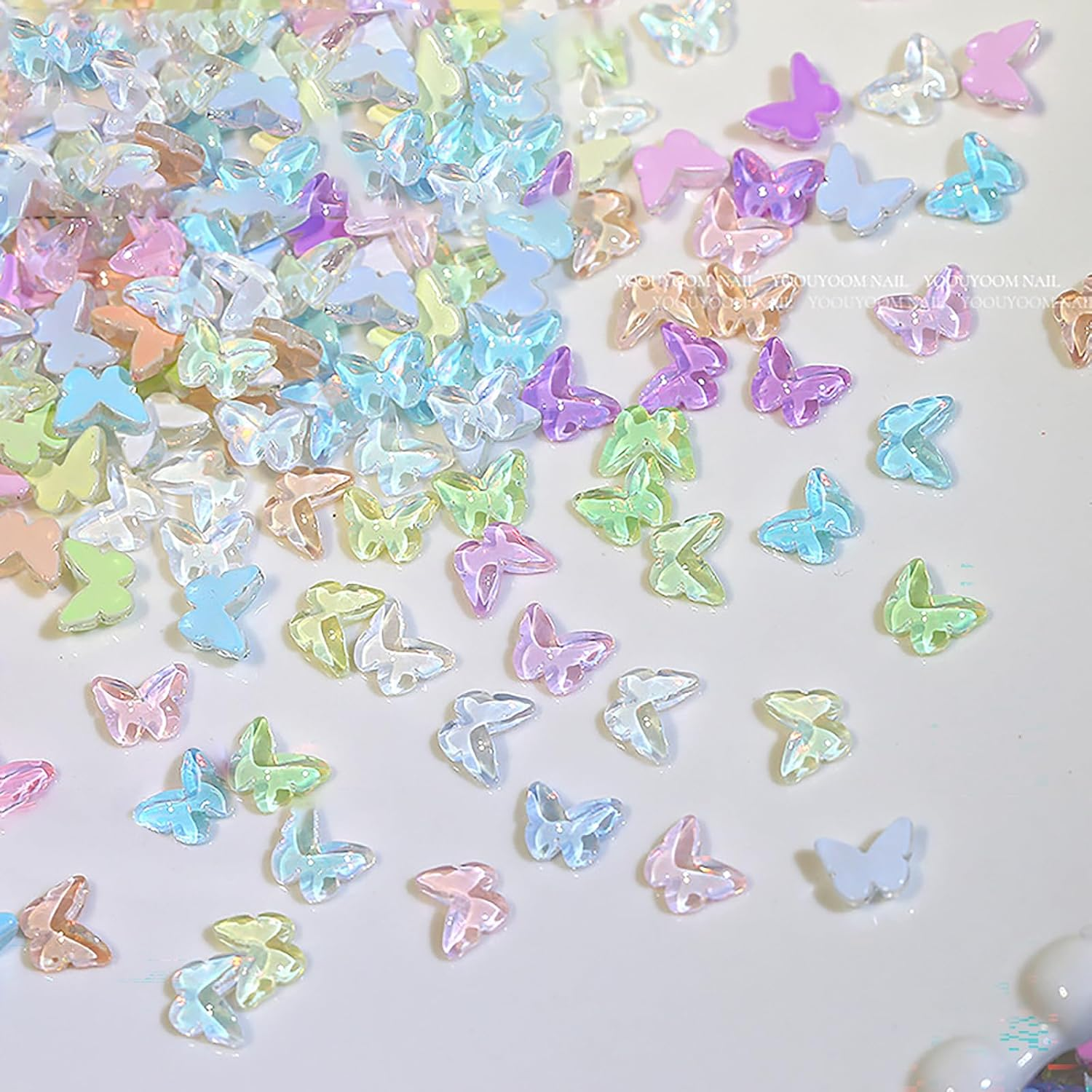 Taoluwin 100Pcs Nail Art Rhinestones, 8X6Mm Pastel Butterfly Gems, Flat Back Glass Rhinestones for Nail Decoration, Crafts & Jewelry Making, 8 Candy Colors Nail Gems Set image number 5