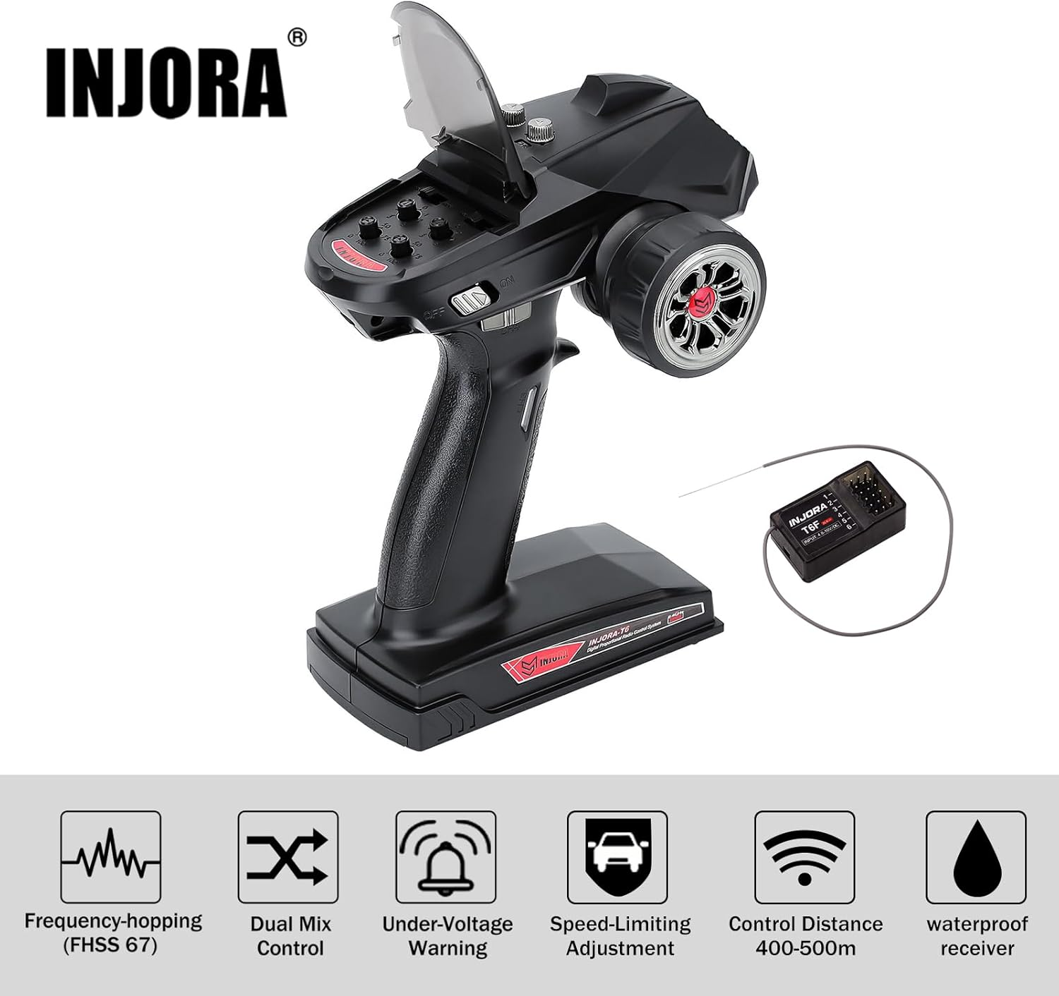 INJORA RC Transmitter 2.4Ghz 6CH Controler and Receiver for 1/8 1/10 RC Car Boat Tanks Crawler TRX4 SCX10