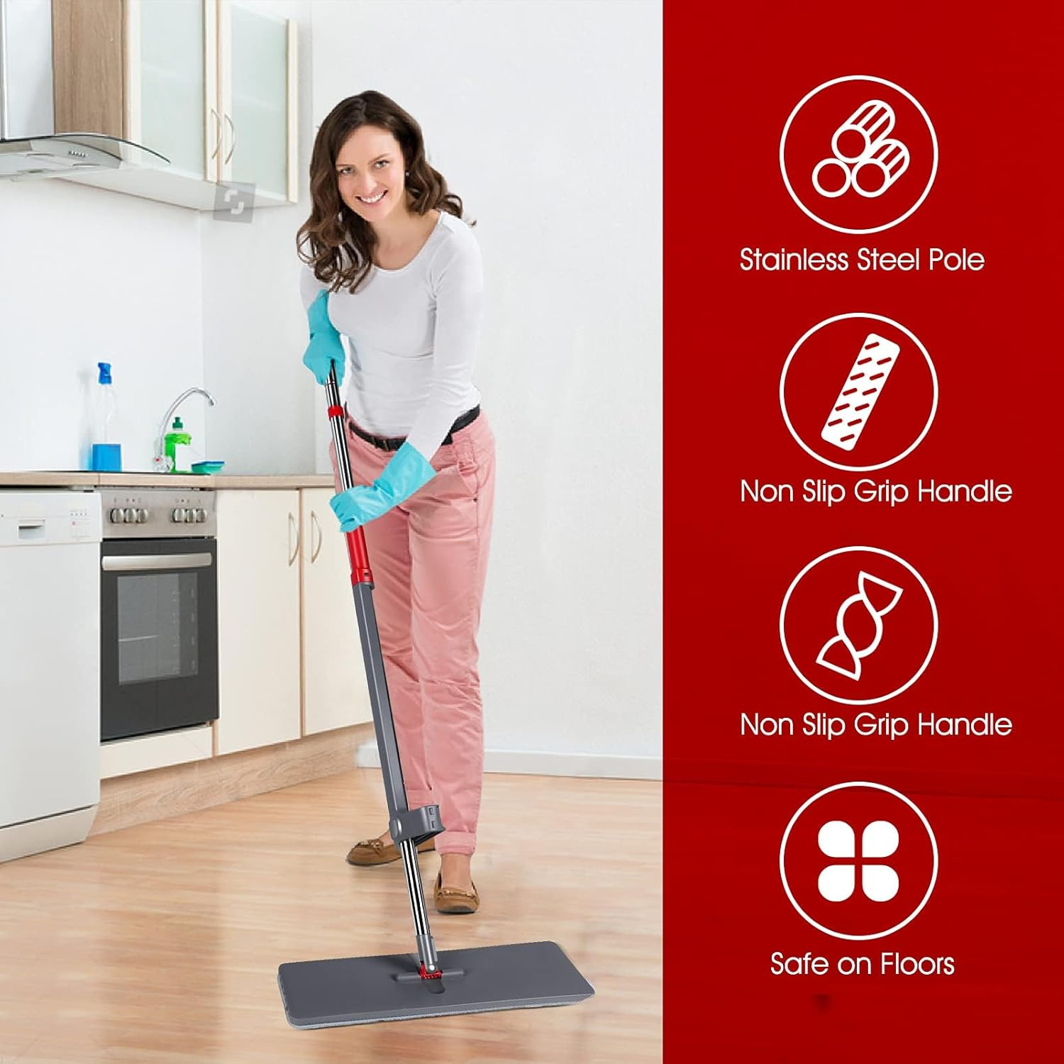 Masthome Microfiber Mop for Floor Cleaning - Self Wringing Flat with 6 Washable Pads, Hands Free with Stainless Steel Handle for Hardwood, Laminate, Tile, Vinyl image number 5