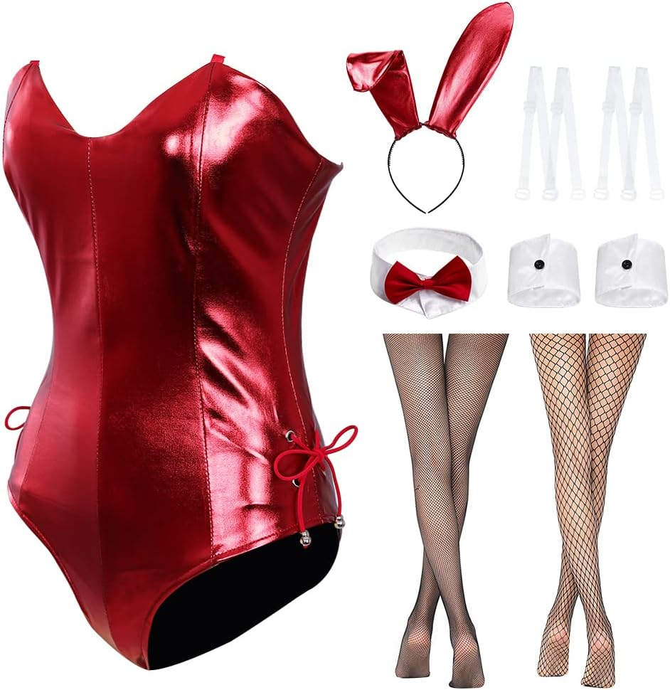 Womens Bunny Girl Senpai Cosplay Costume Outfit Anime Role Cosplay One Piece Bodysuit with Bunny Ear Stockings Set