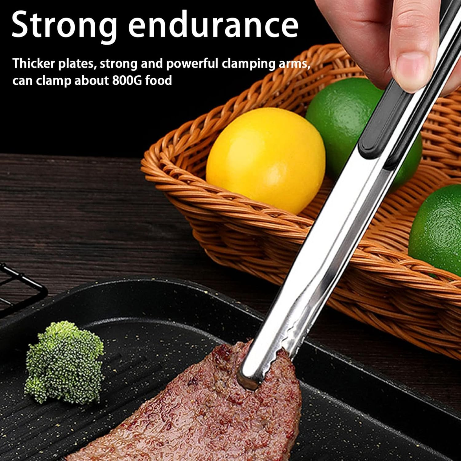 Cooking Tong, 10.0In Stainless Steel Tong with Secure Grip, Ideal for BBQ Food, Easy to Teeth Mouth Steak Clamp/Holder (All Black) - All Black image number 3