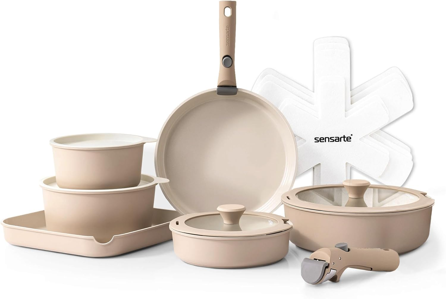 SENSARTE 17 Piece Ceramic Pots and Pans Set, Nonstick Detachable Handle Cookware, Induction Kitchen Cookware Set with Removable Handle, Dishwasher ＆ Oven Safe, PFAS/PTFE/PFOA Free (Almond Beige) image number 2