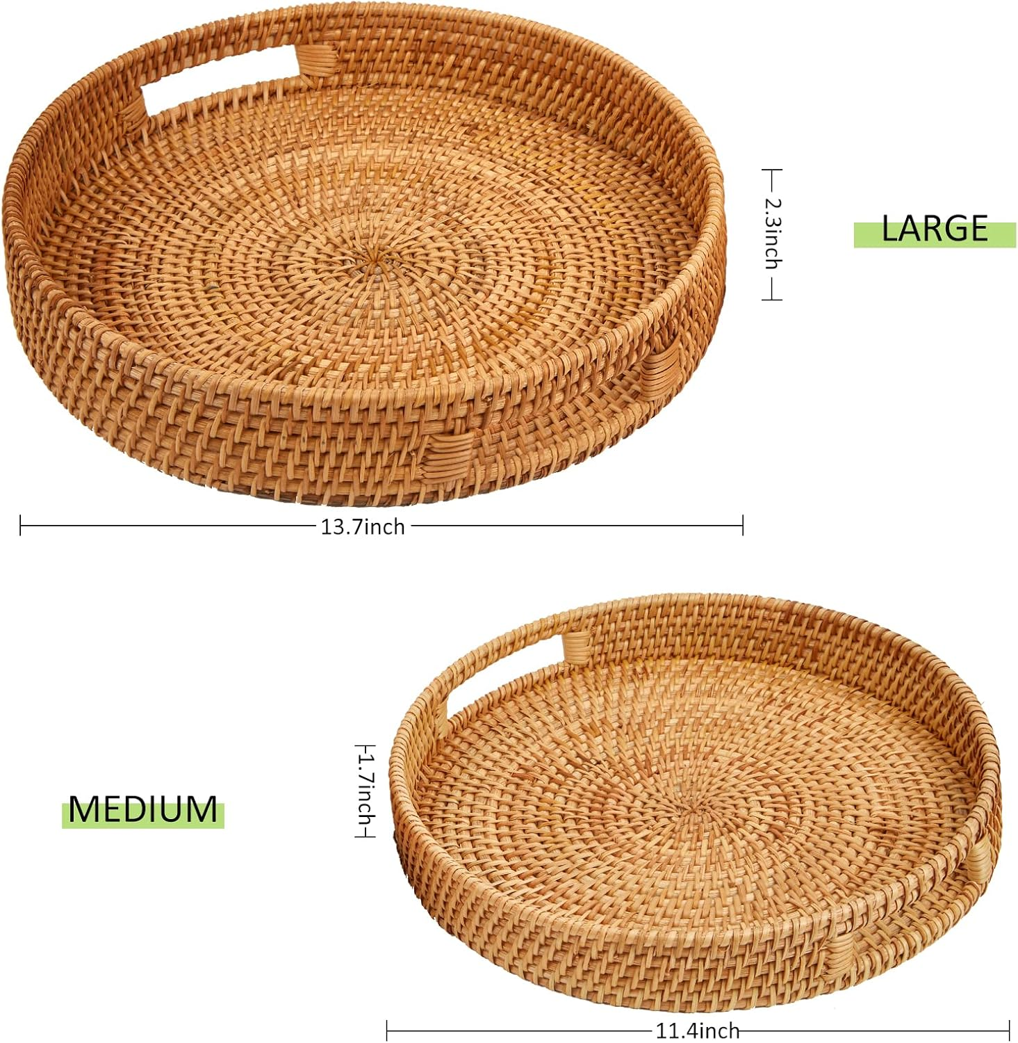Whalehub round Rattan Serving Tray with Handles, Hand Woven Basket, Home Decor Organizer Tray for Breakfast, Tea, Snack, Fruit, Coffee,Storage (Large)(14.17Inchx2.3Inch)