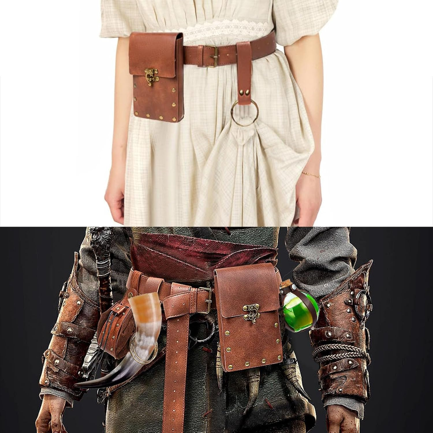 Renaissance Costume Accessories Casual Belt Pouch Fanny Pack Potion Bottle Skirt Hike Set Medieval Festival Halloween, Brown, Standard, Renaissance Costume Belt Pouch Fanny Pack Potion Bottle Set - Brown image number 6