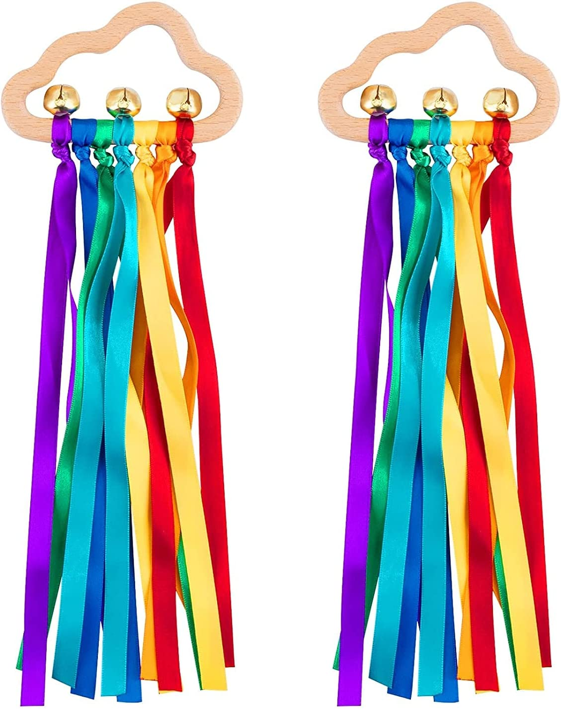 2 Pcs Waldorf Rainbow Hand Ribbon Kite Montessori Wooden Baby Toys Rainbow Twirler Stick with Bell for Babies Toddler Sensory Toys Rings image number 5