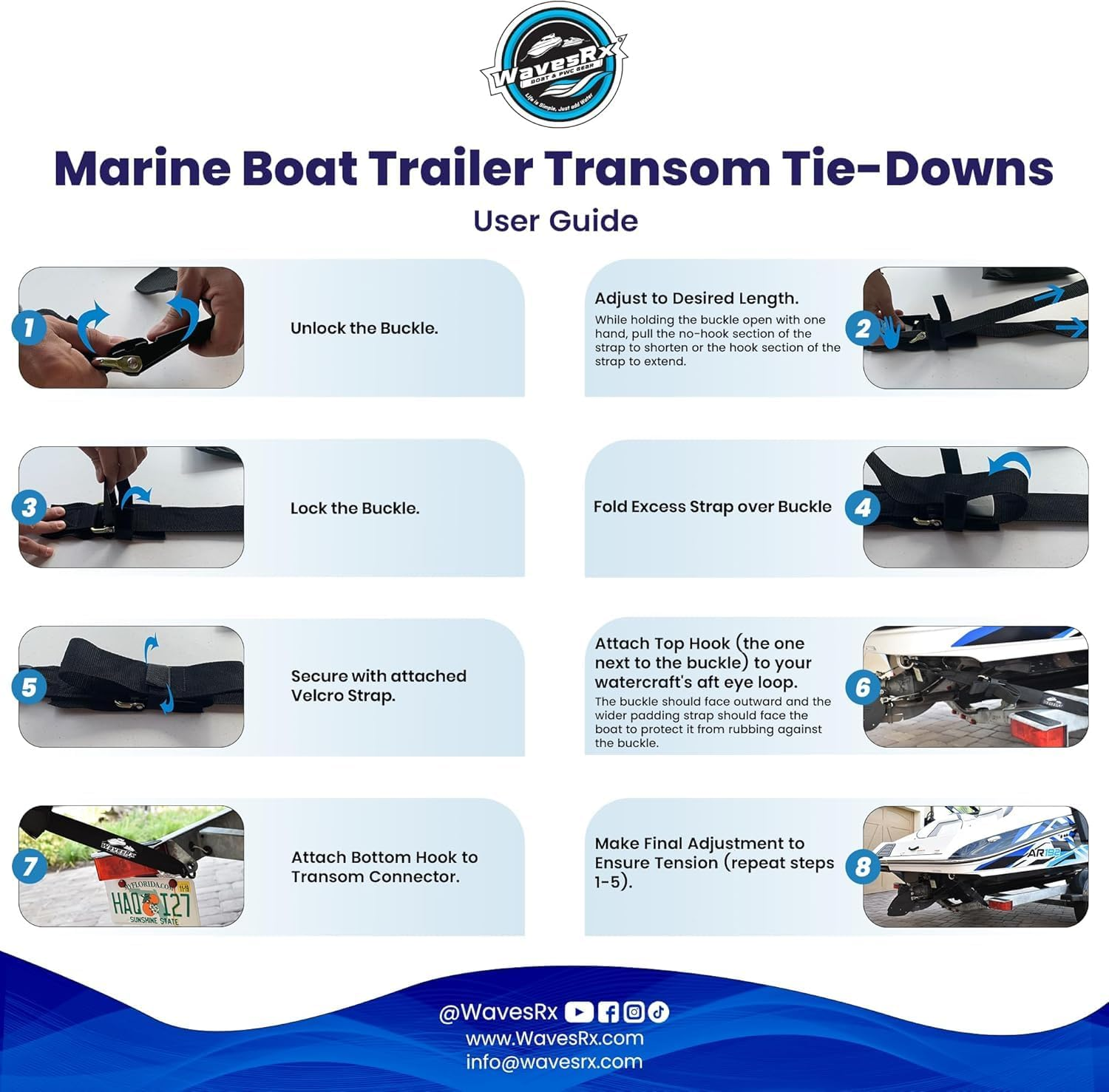 Wavesrx Marine Boat Trailer Transom Tie-Down (2 Pack) | Adjustable 2"X48" Safety Straps | 1200 LBS Capacity to Securely Transport Boats, Jet Skis and Other PWC image number 3