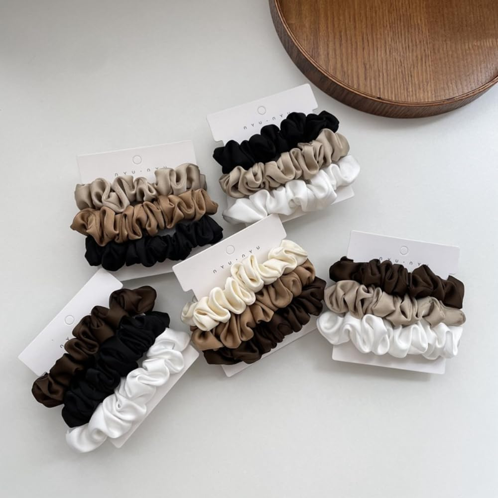 Anevous Pack of 3 Soft Satin Hair Bobbles for Women, Elastic Silk Scrunchies against Frizz and Hair Breakage, Hair Scrunchies for Night Use, for Sleep and Ponytail, Coffee Black White image number 2