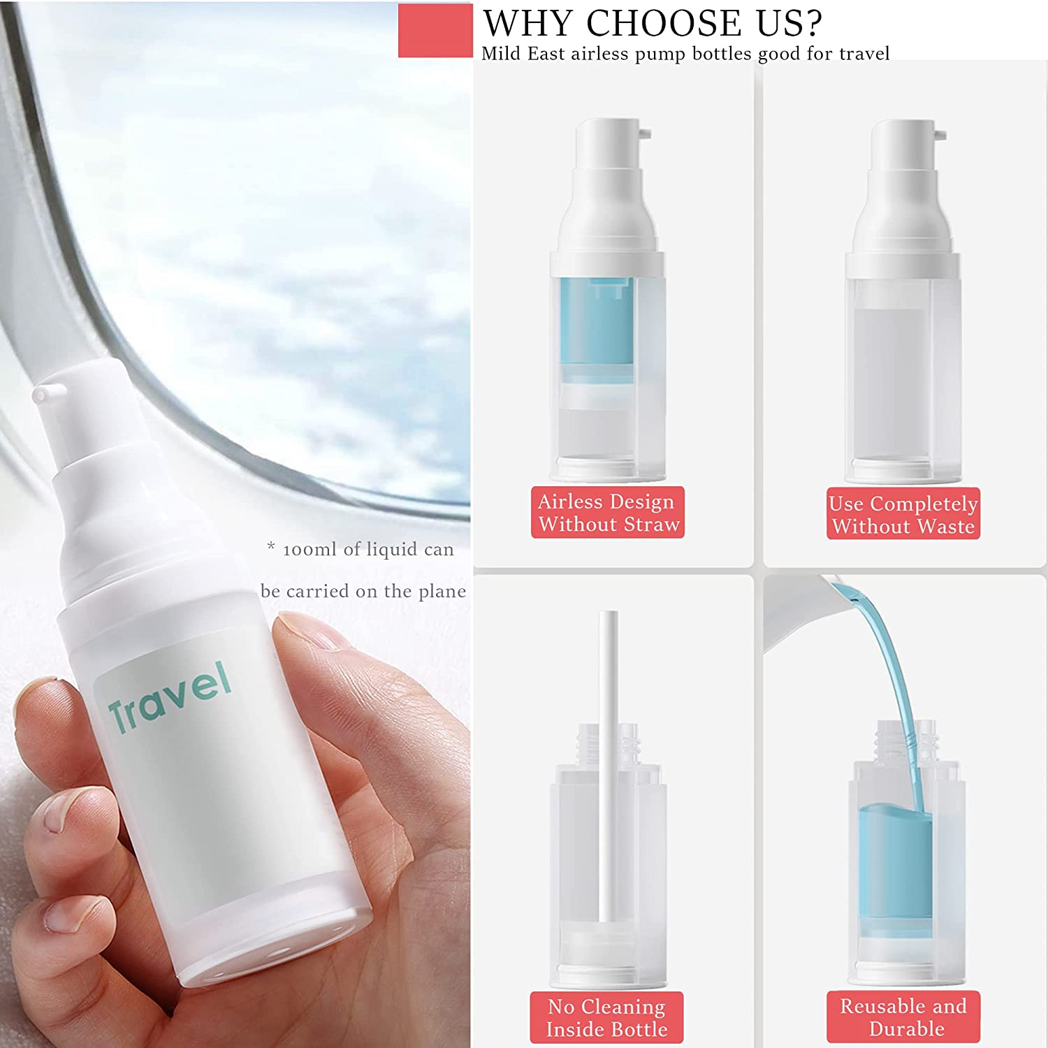 3Pcs 20Ml Sterile Airless Pump Bottle with Funnel Easy to Carry and Fill Matte Lotion Bottles for Travel image number 2